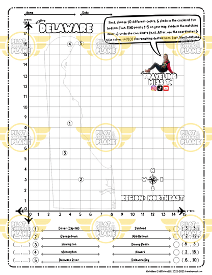 Map of Delaware with grid lines and coordinates, featuring a compass rose and labeled regions.