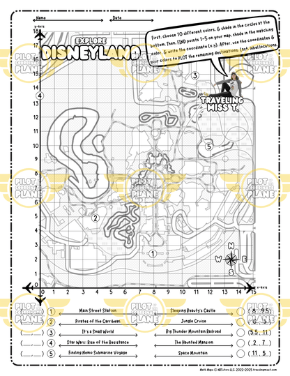 Coloring page with grid and map of Disneyland, featuring text and coordinates.