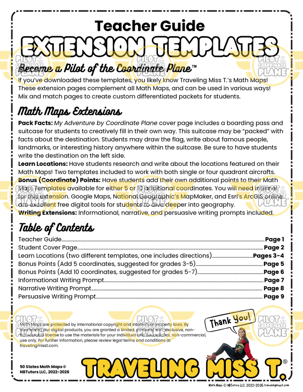 Teacher guide extension templates for a math activity titled 'Become a Pilot of the Coordinate Plane' by Traveling Miss T.