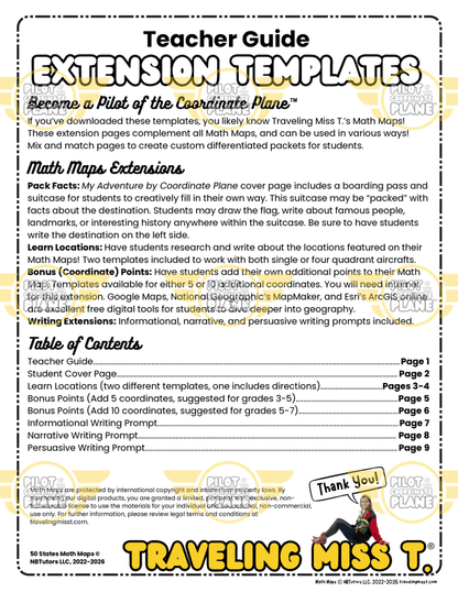 Teacher guide extension templates for a math activity titled 'Become a Pilot of the Coordinate Plane' by Traveling Miss T.
