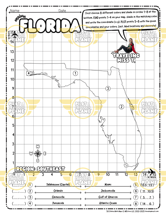 Map of Florida layered with a Coordinate Plane worksheet featuring Traveling Miss T.