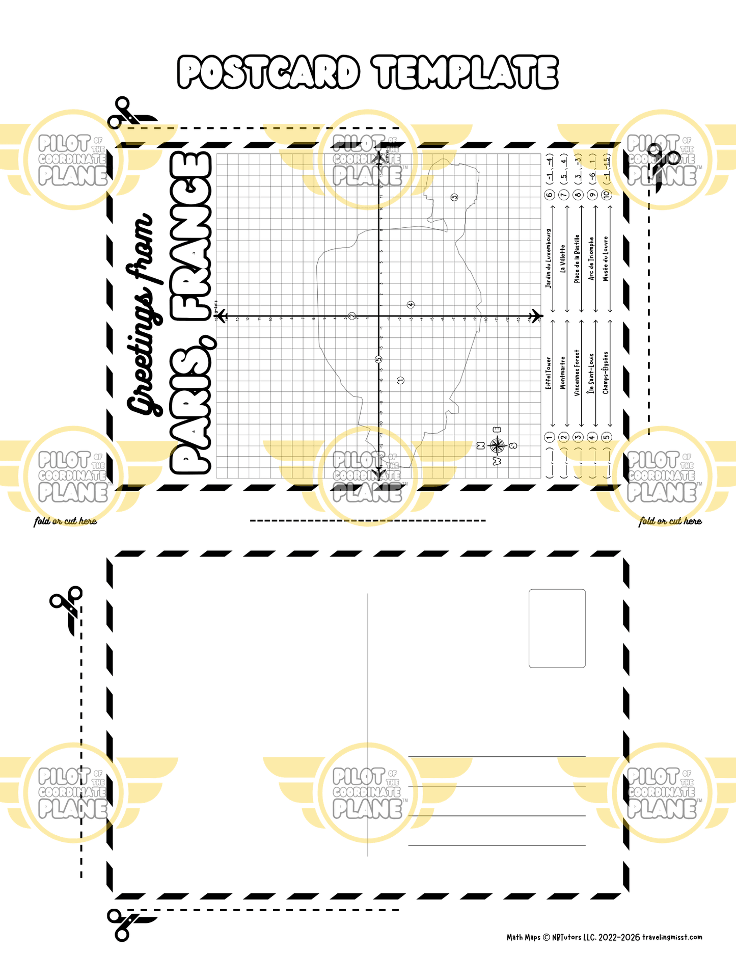 Postcard template from Traveling Miss T. four quadrant coordinate plane of Paris, France