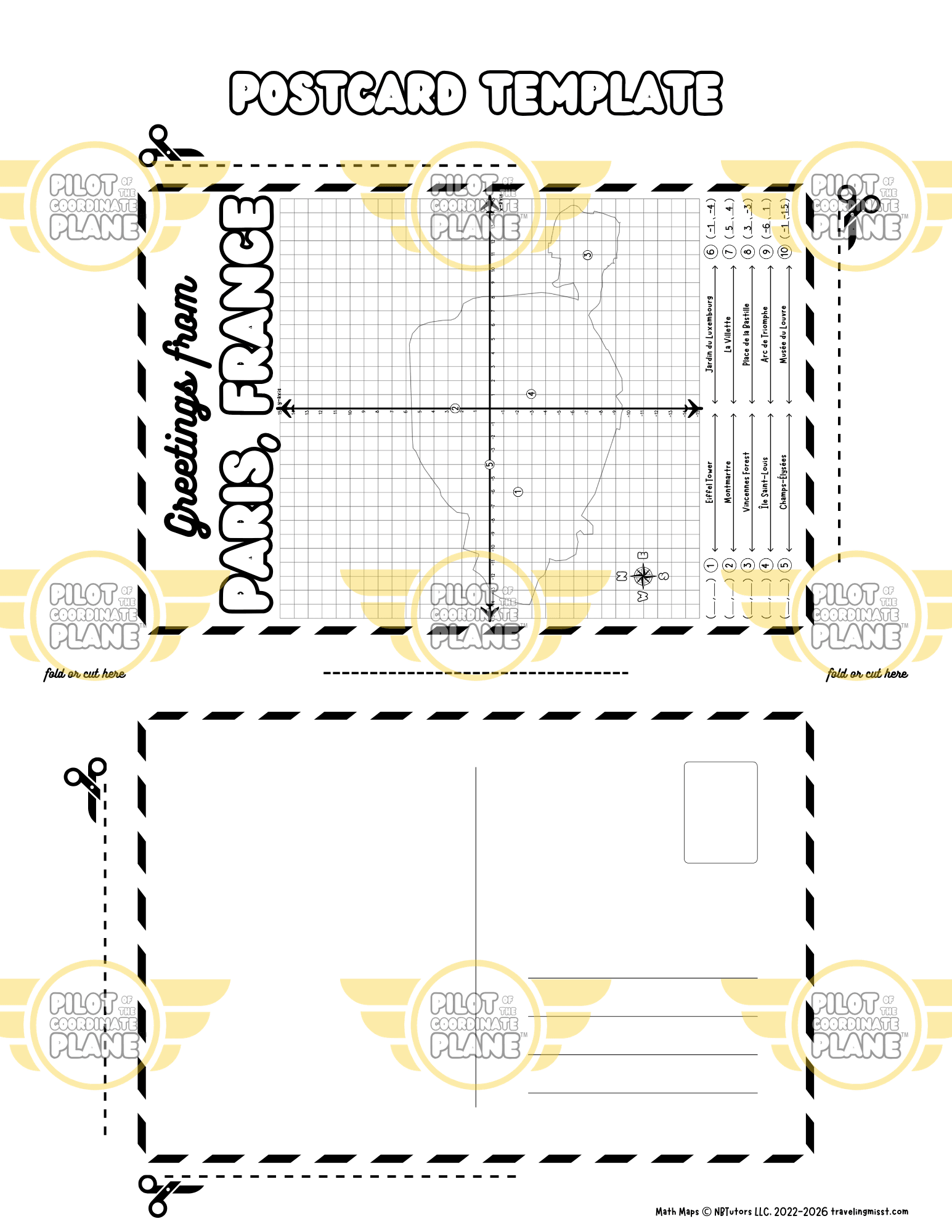 Postcard template from Traveling Miss T. four quadrant coordinate plane of Paris, France