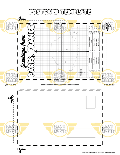 Postcard template from Traveling Miss T. four quadrant coordinate plane of Paris, France