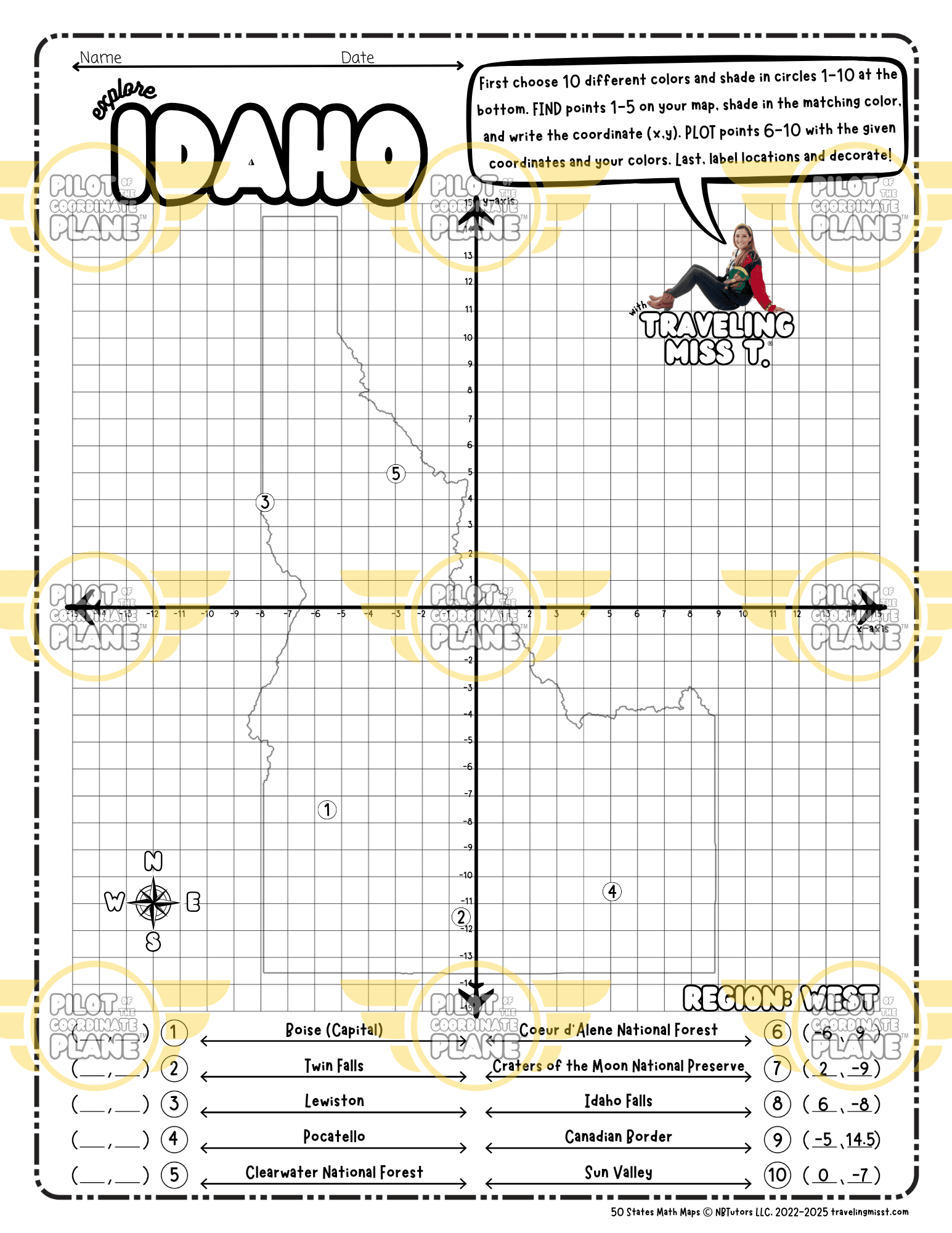 Map of Idaho layered with a Coordinate Plane worksheet featuring Traveling Miss T.