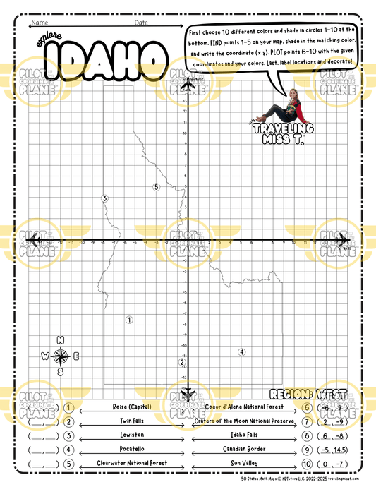 Map of Idaho layered with a Coordinate Plane worksheet featuring Traveling Miss T.