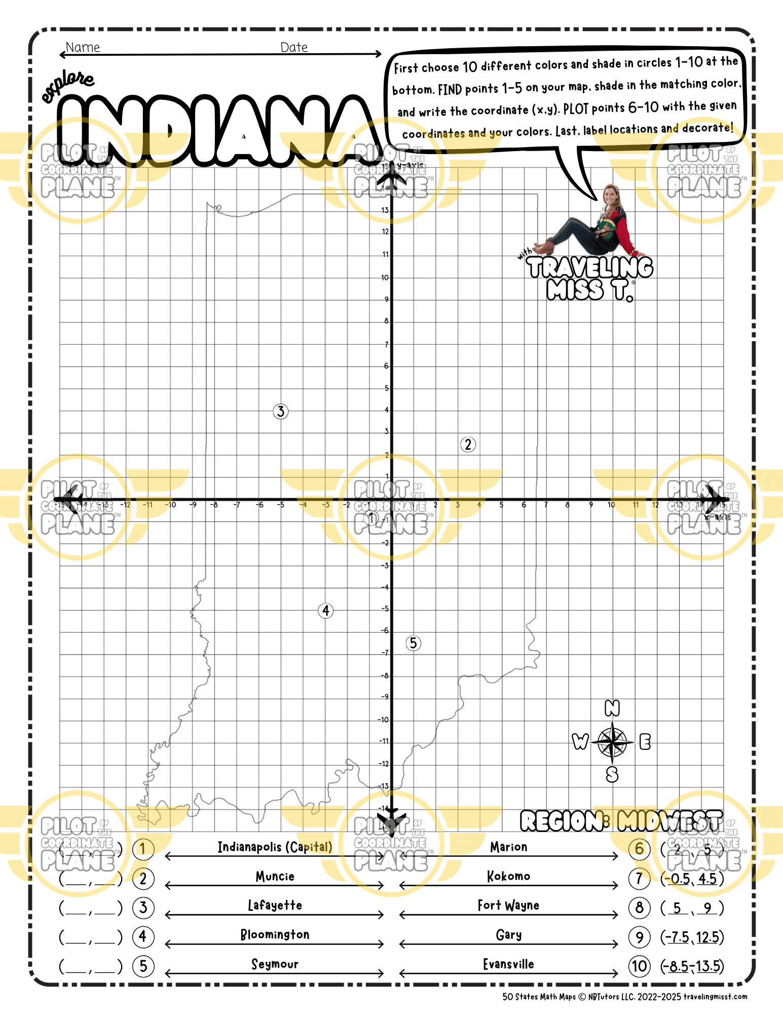 Map of Indiana layered with a Coordinate Plane Worksheet featuring Traveling Miss T.