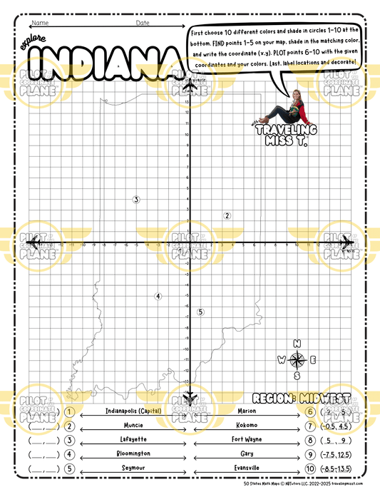Map of Indiana layered with a Coordinate Plane Worksheet featuring Traveling Miss T.