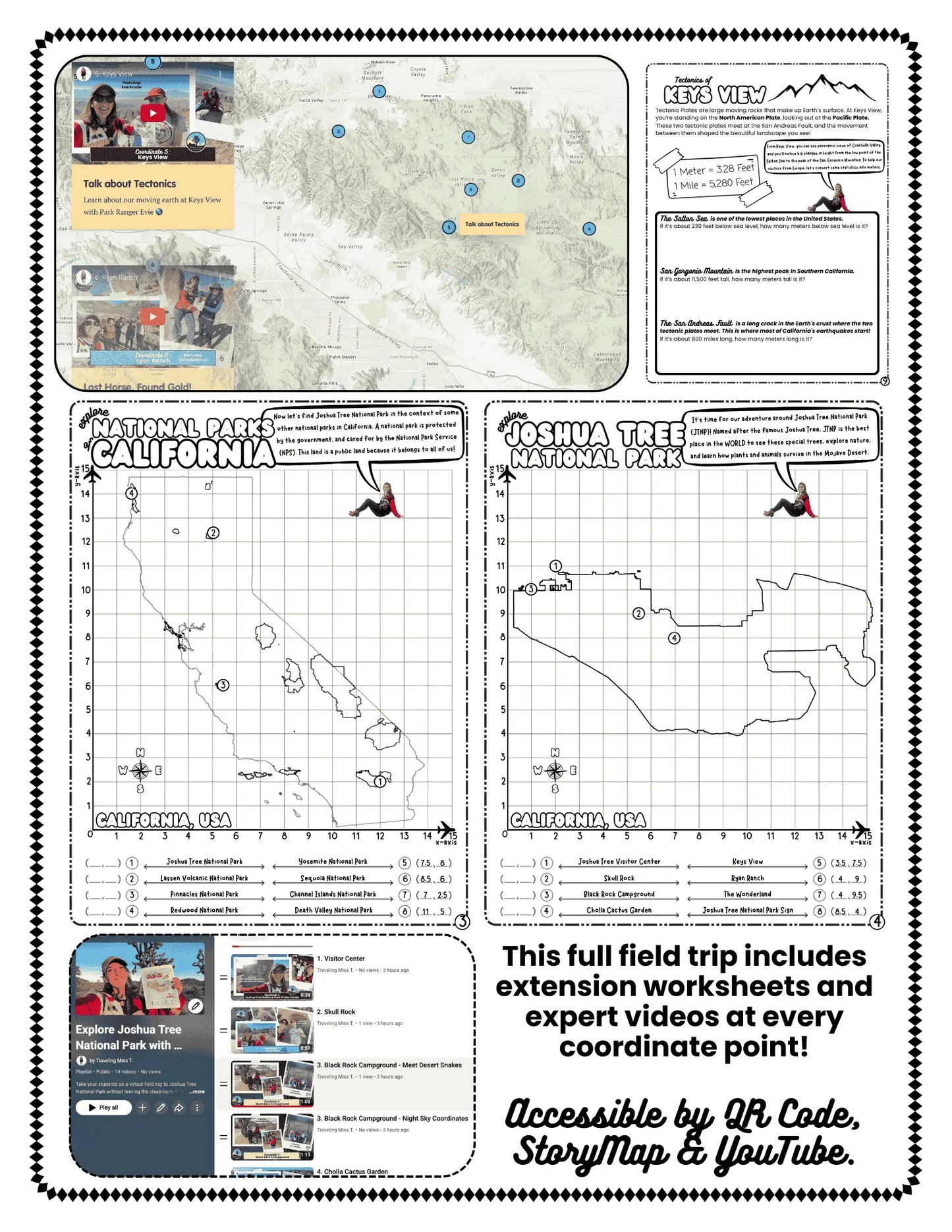 Educational worksheet about Joshua Tree National Park with maps and coordinates from Traveling Miss T.