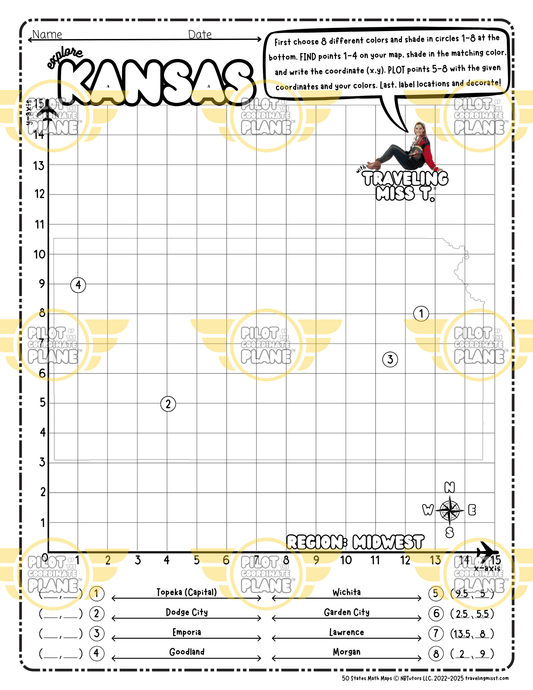 Map of Kansas layered over a single quadrant coordinate plane worksheet by Traveling Miss T.