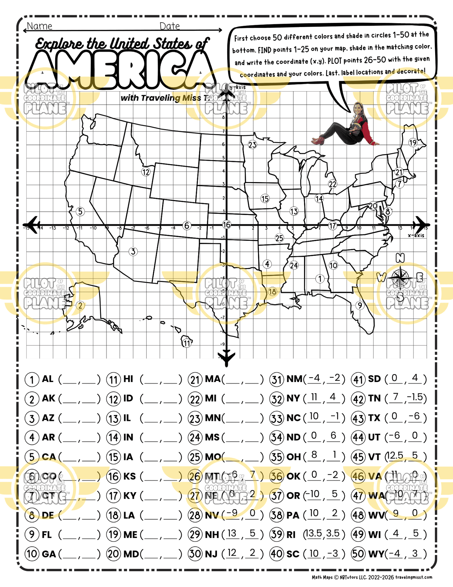 Label Map of USA Activity | Coordinate Plane USA Map | 50 States Geography Worksheet