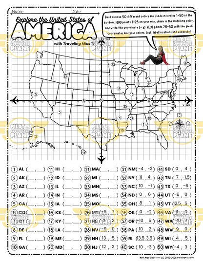 Label Map of USA Activity | Coordinate Plane USA Map | 50 States Geography Worksheet