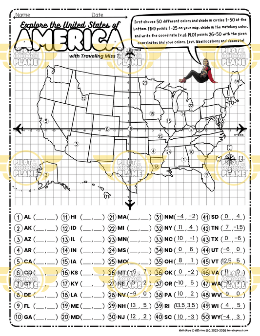 Label Map of USA Activity | Coordinate Plane USA Map | 50 States Geography Worksheet
