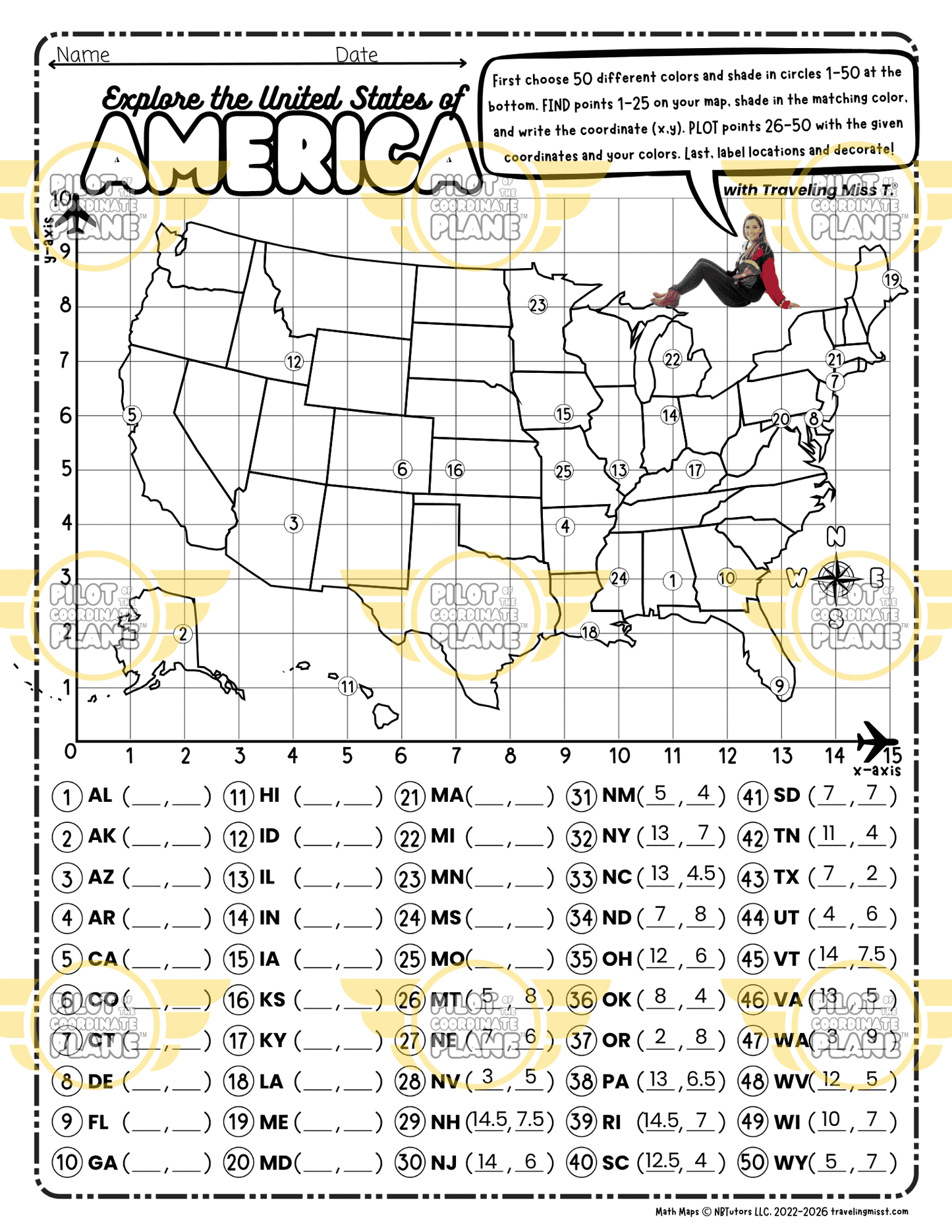 Label Map of USA Activity | Coordinate Plane USA Map | 50 States Geography Worksheet