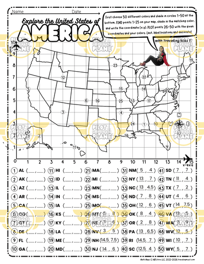 Label Map of USA Activity | Coordinate Plane USA Map | 50 States Geography Worksheet
