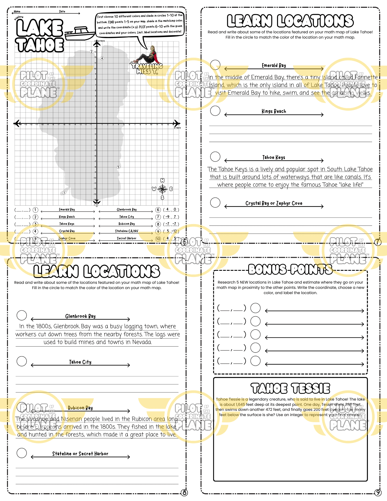 Educational worksheets and Lake Tahoe Math Map adventure by Coordinate Plane by Traveling Miss T. 