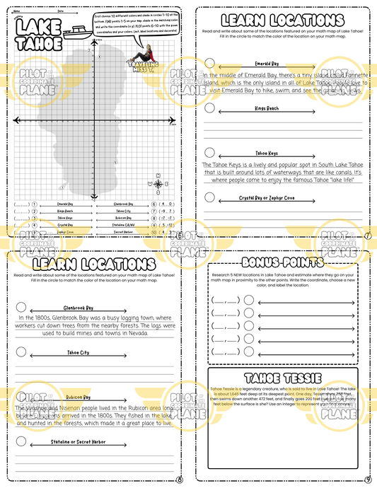 Educational worksheets and Lake Tahoe Math Map adventure by Coordinate Plane by Traveling Miss T. 