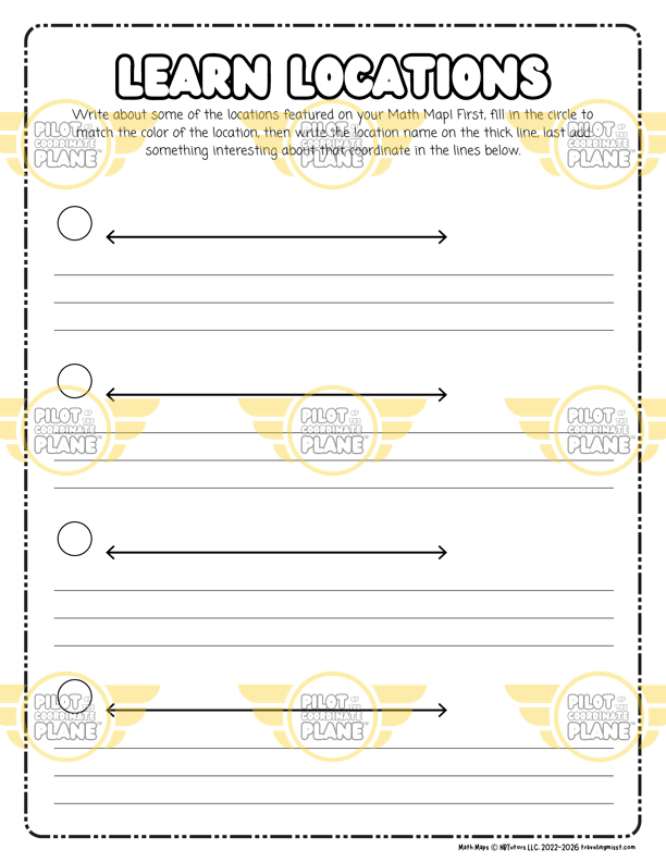 Educational worksheet titled 'Learn Locations' with text and arrows for writing activities. Traveling Miss T. Extension bundle. 