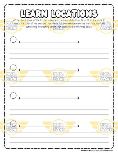 Educational worksheet titled 'Learn Locations' with text and arrows for writing activities. Traveling Miss T. Extension bundle. 