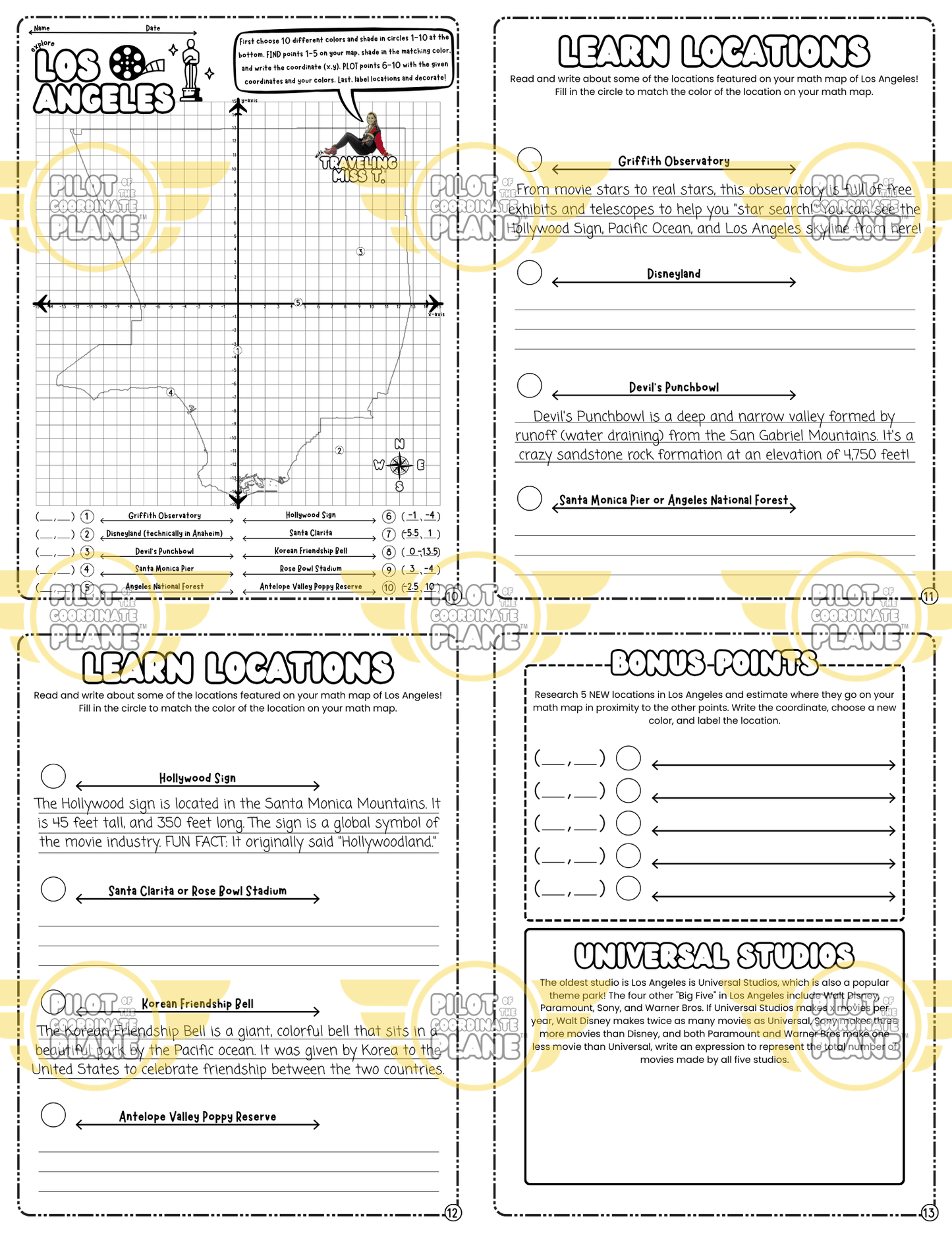 Educational worksheet and Los Angeles Math Map adventure by Coordinate Plane by Traveling Miss T. 