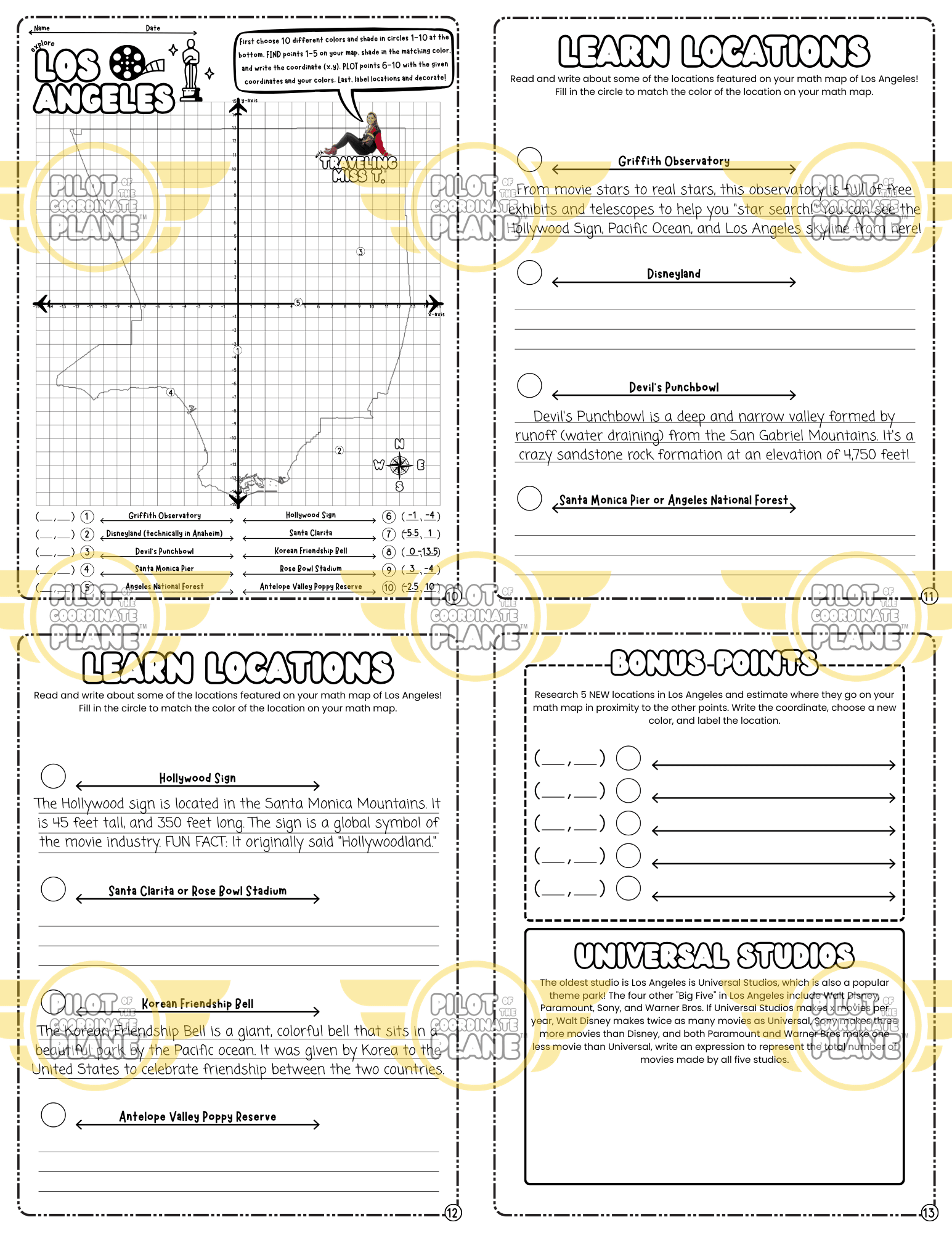 Educational worksheet and Los Angeles Math Map adventure by Coordinate Plane by Traveling Miss T. 