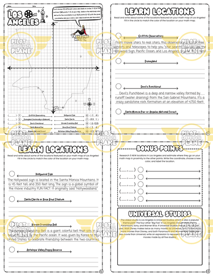 Educational worksheet and Los Angeles Math Map adventure by Coordinate Plane by Traveling Miss T. 