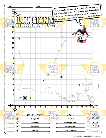 Map of Louisiana with coordinates and travel destinations printed on it.