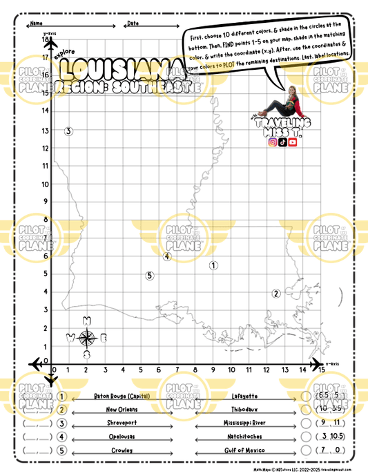 Map of Louisiana with coordinates and travel destinations printed on it.