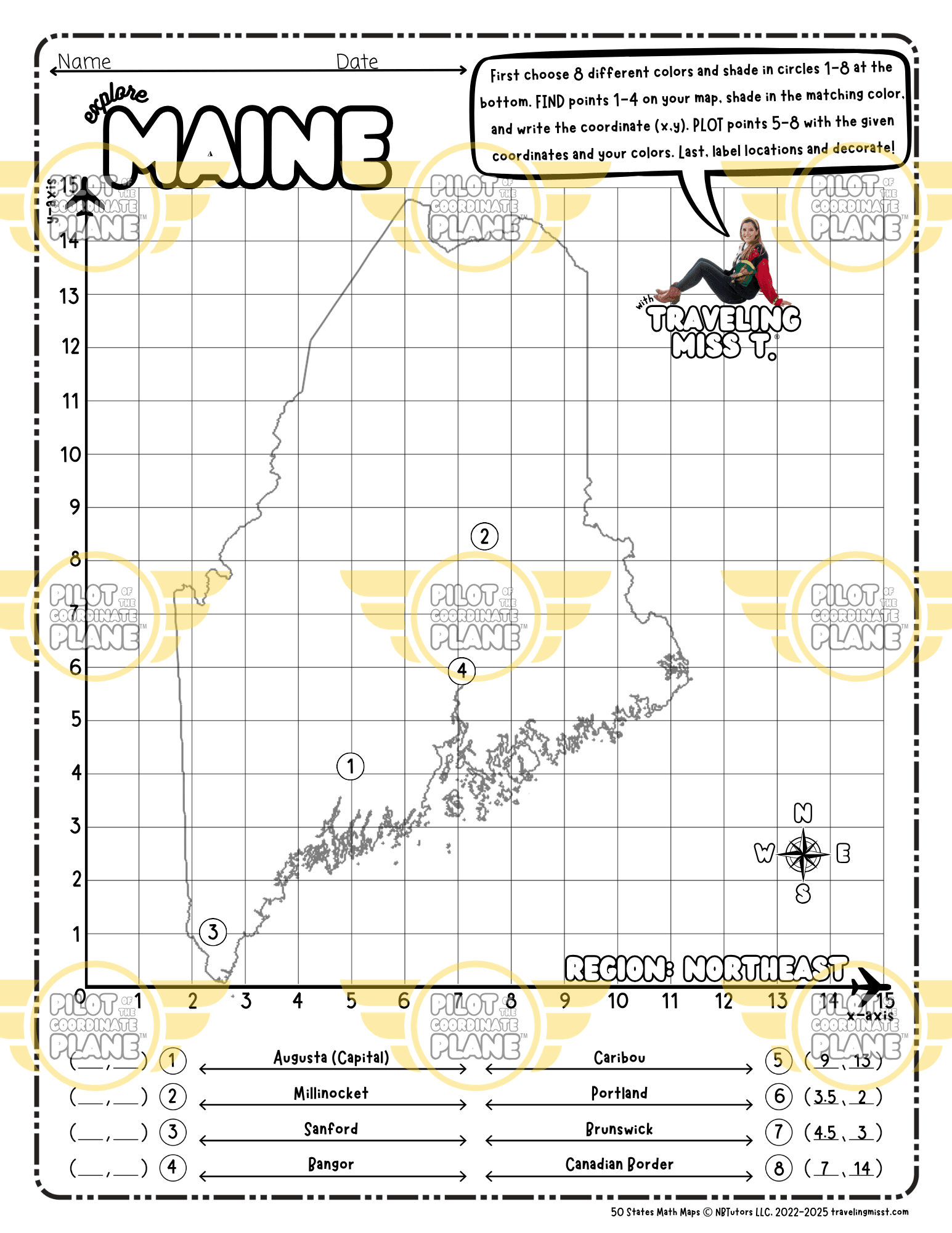 Map of Maine layered with a Coordinate Plane Worksheet featuring Traveling Miss T.