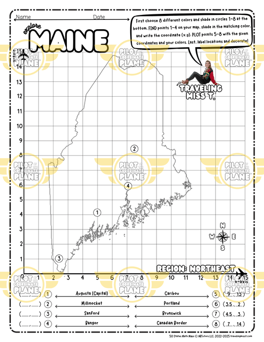 Map of Maine layered with a Coordinate Plane Worksheet featuring Traveling Miss T.