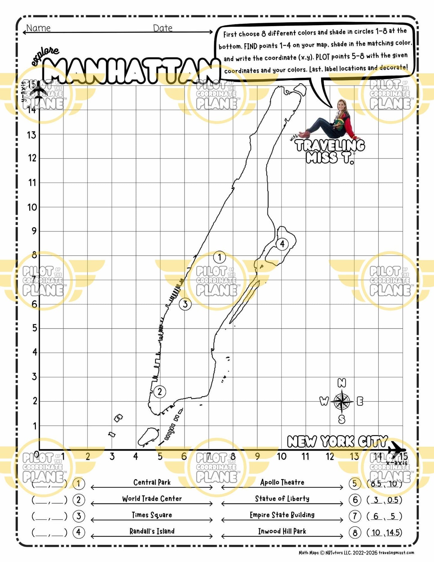 Map of Manhattan on a single quadrant coordinate plane worksheet by Traveling Miss T. 