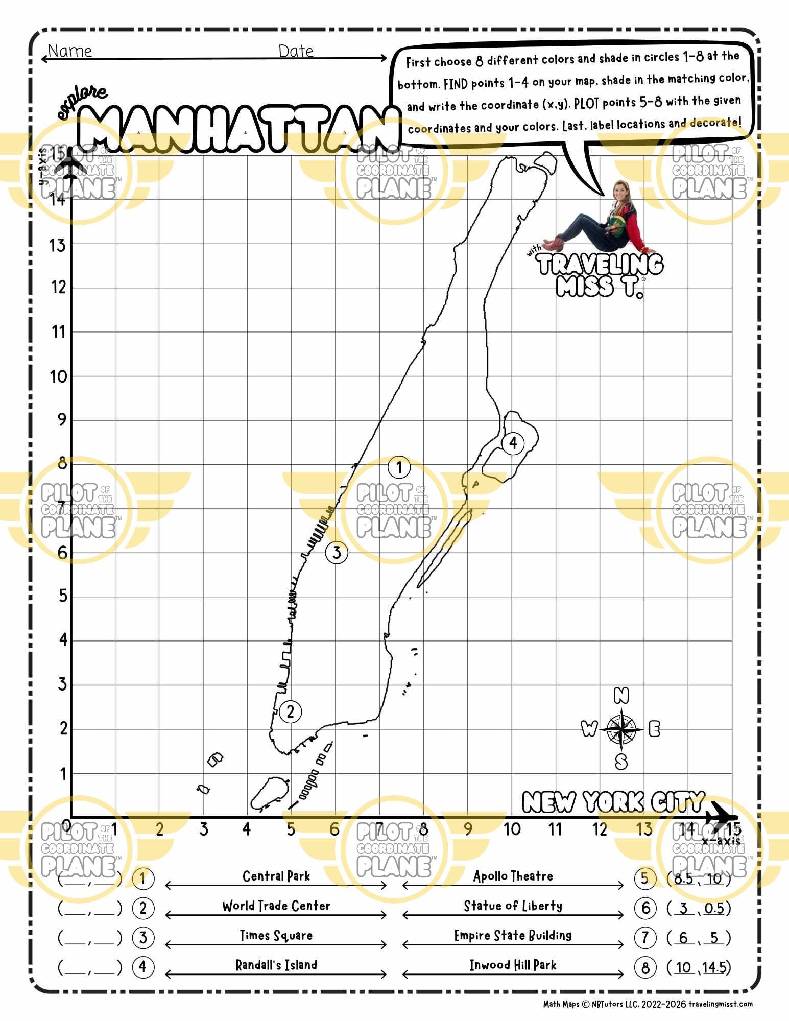 Map of Manhattan on a single quadrant coordinate plane worksheet by Traveling Miss T. 