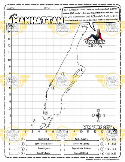 Map of Manhattan on a single quadrant coordinate plane worksheet by Traveling Miss T. 