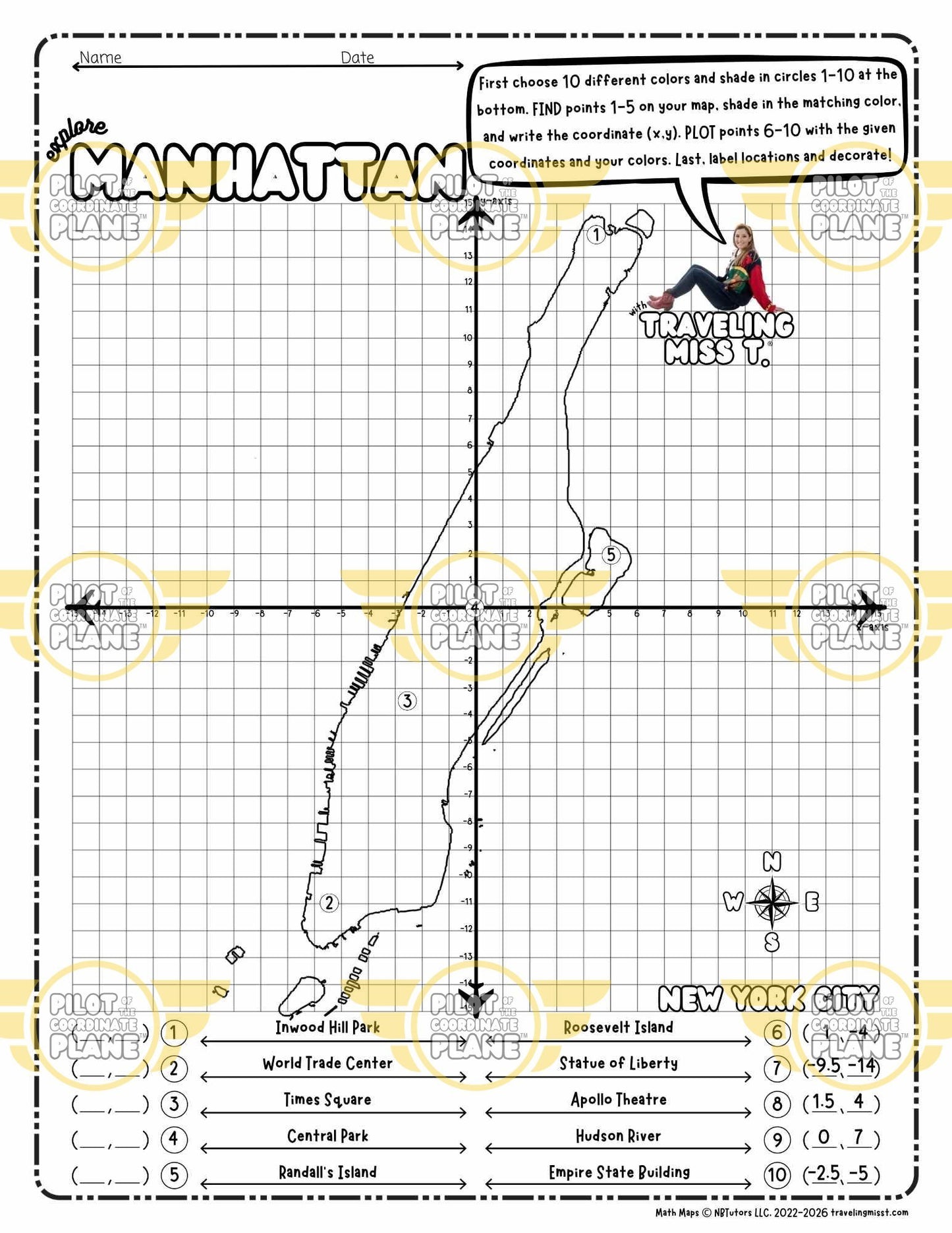 Map of Manhattan on a four quadrant coordinate plane worksheet by Traveling Miss T. 