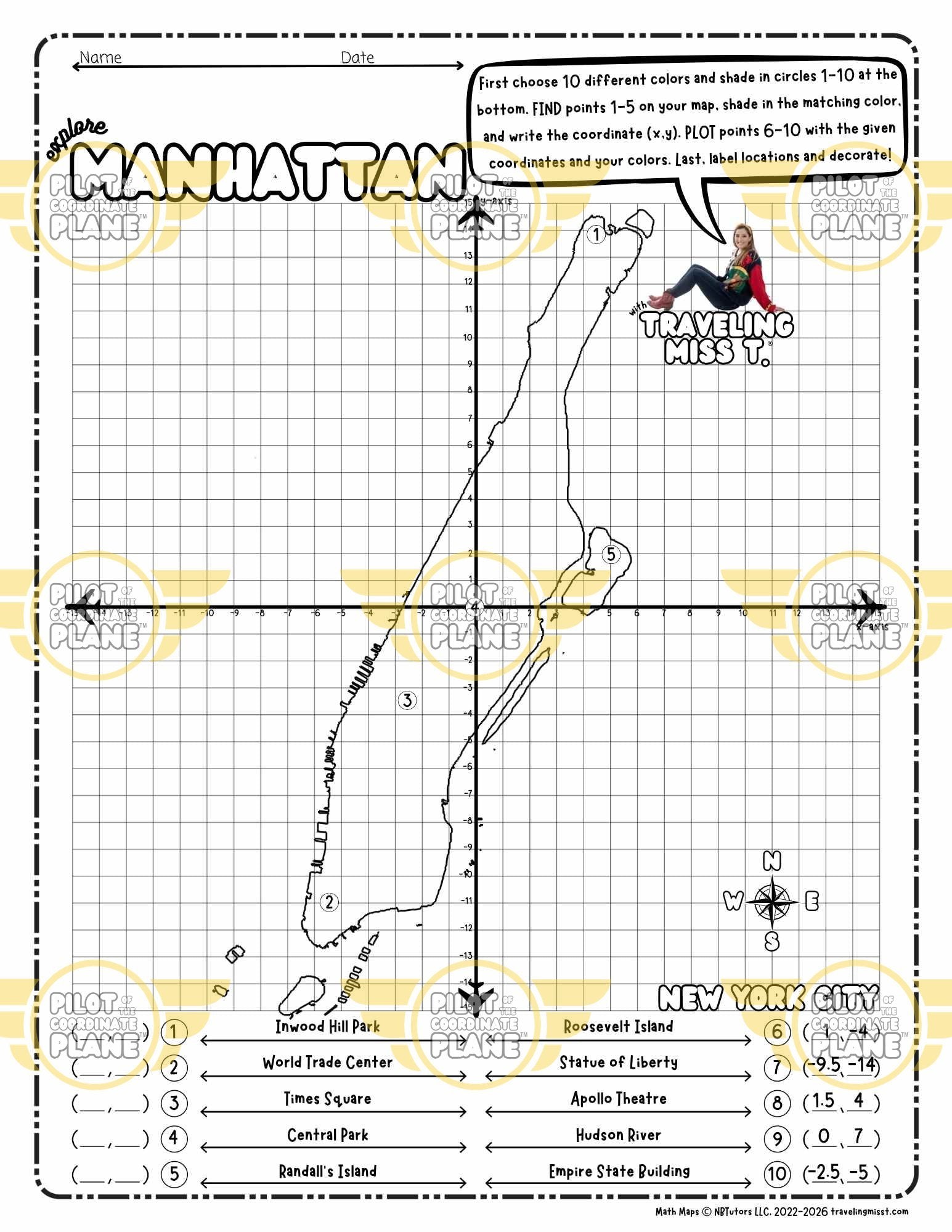 Map of Manhattan on a four quadrant coordinate plane worksheet by Traveling Miss T. 