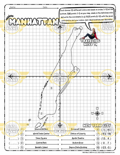 Map of Manhattan on a four quadrant coordinate plane worksheet by Traveling Miss T. 