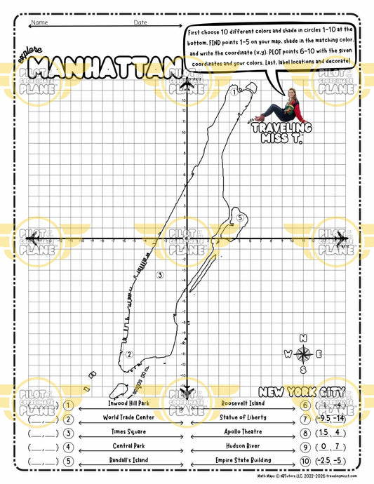 Map of Manhattan on a four quadrant coordinate plane worksheet by Traveling Miss T. 