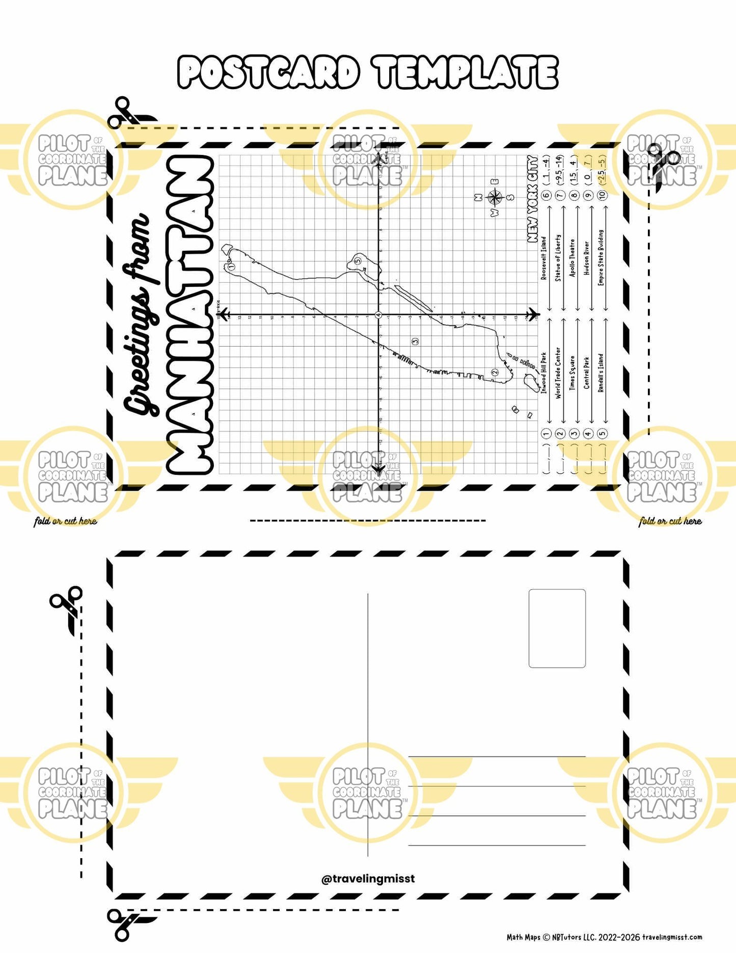 DIY postcard template "Greetings from Manhattan" by Traveling Miss T. (Four Quadrant Coordinate Plane Worksheet)