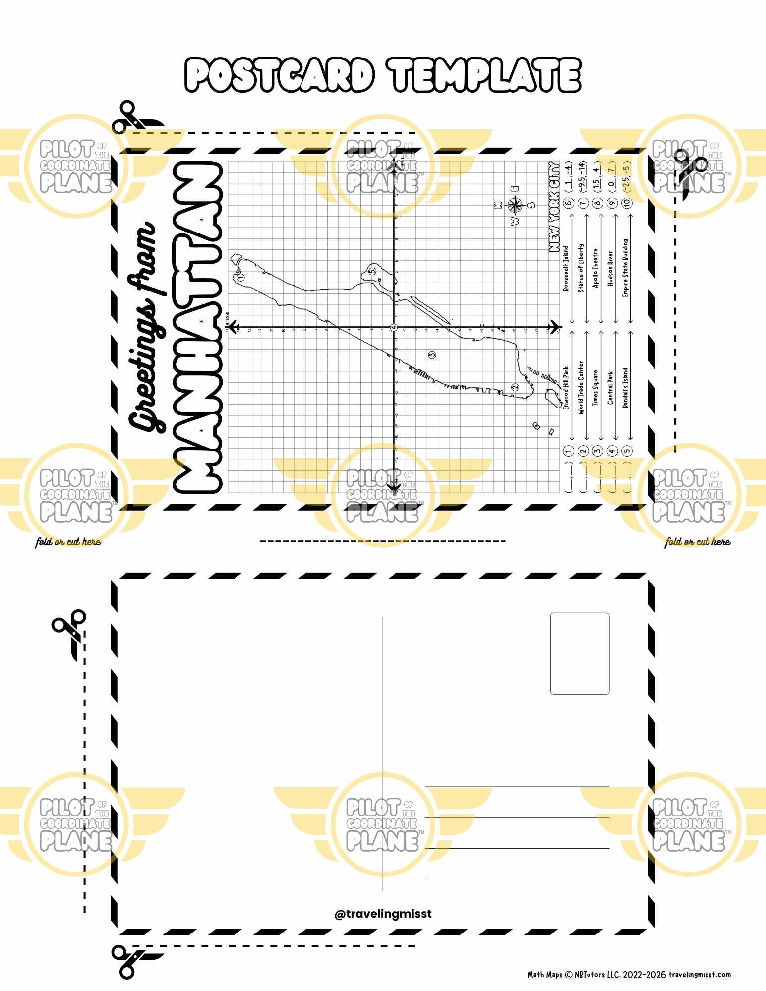 DIY postcard template "Greetings from Manhattan" by Traveling Miss T. (Four Quadrant Coordinate Plane Worksheet)