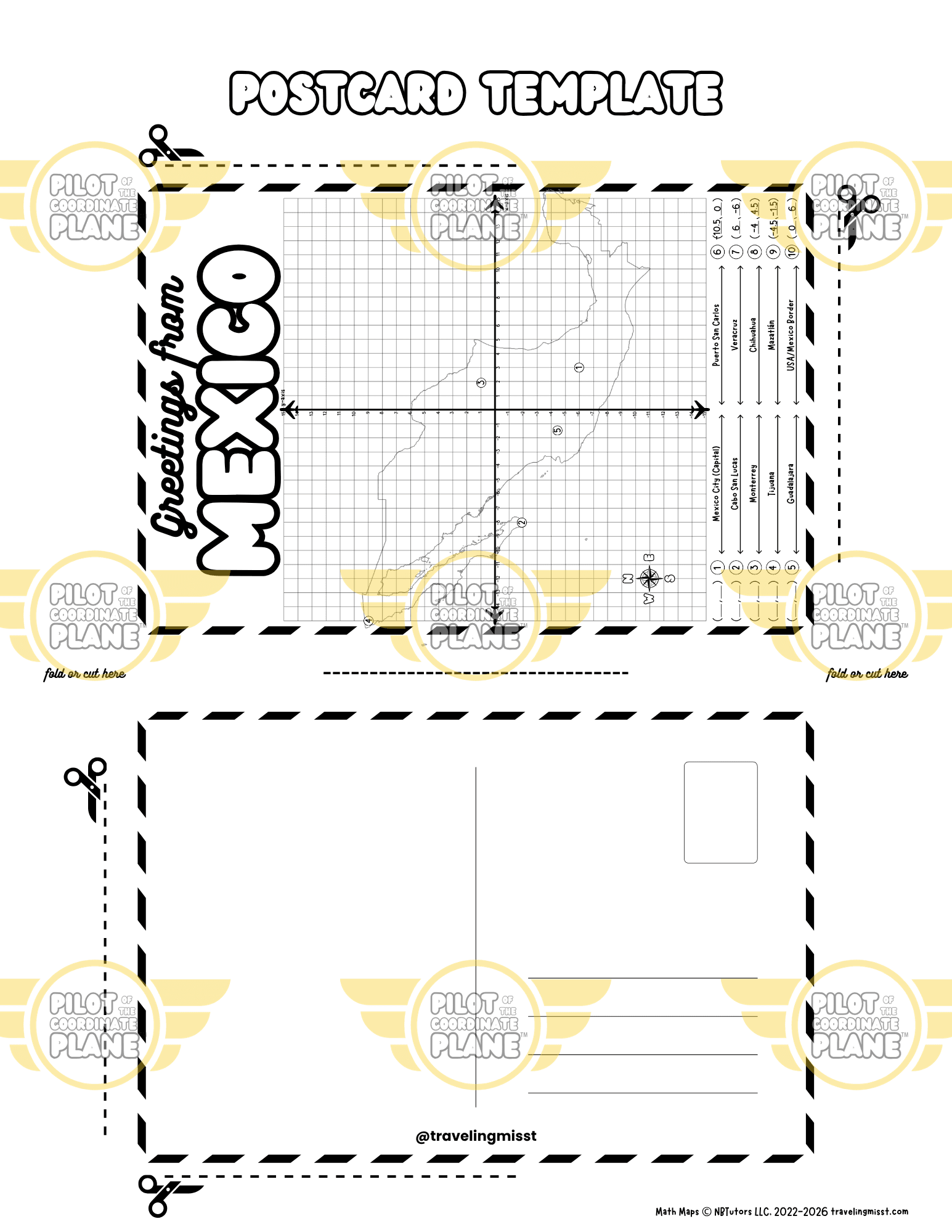 Mexico Postcard Template Math Map by Traveling Miss T. (4 quadrant coordinate plane) part of Mexico adventure bundle. 