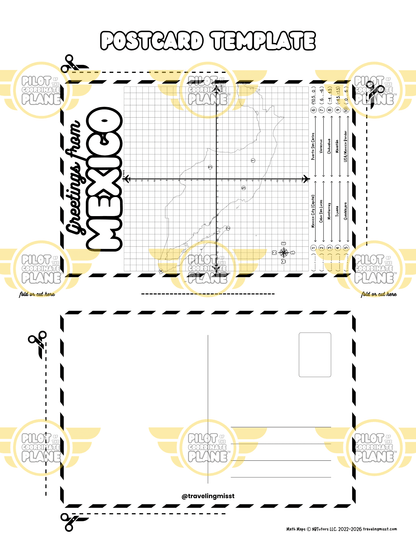 Mexico Postcard Template Math Map by Traveling Miss T. (4 quadrant coordinate plane) part of Mexico adventure bundle. 
