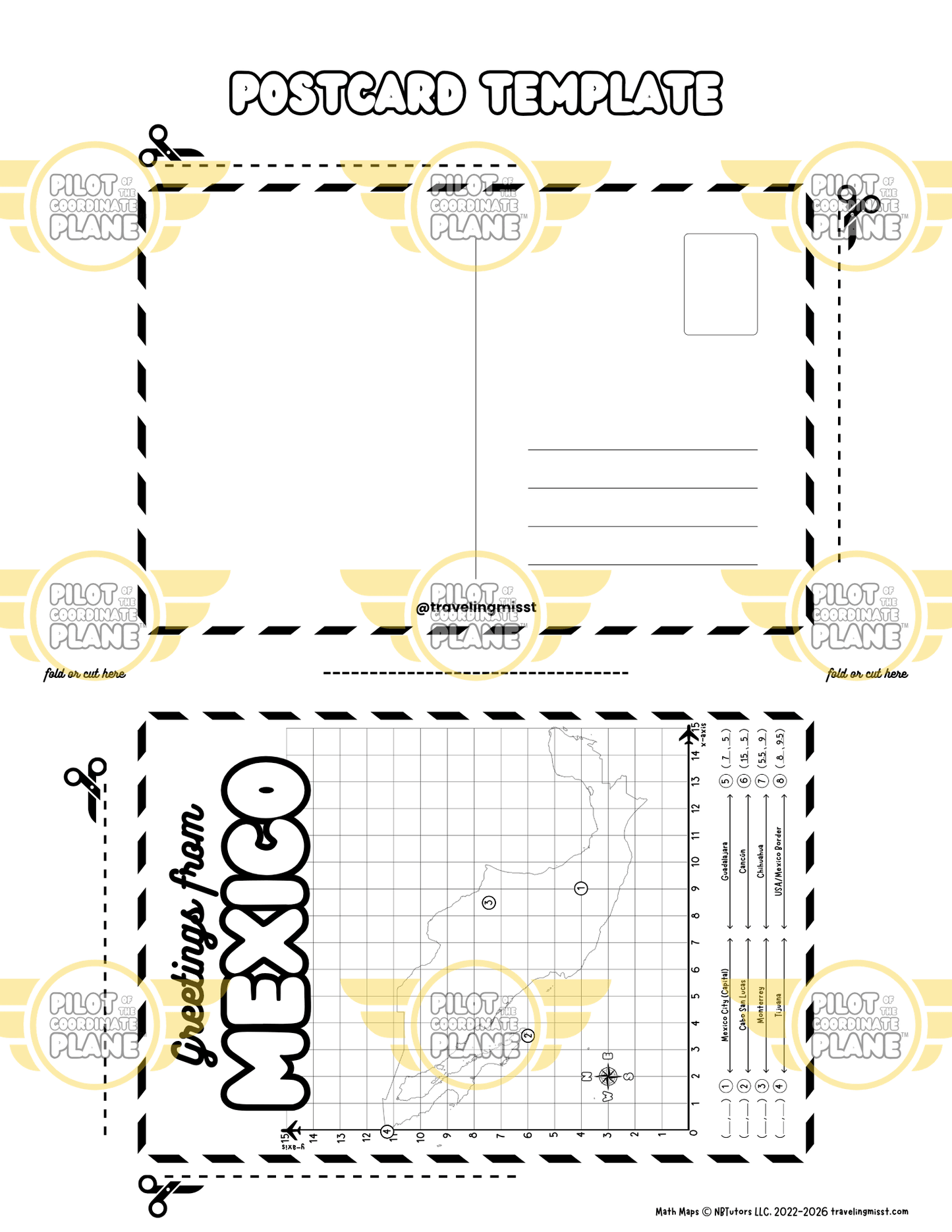 Mexico Postcard Template Math Map by Traveling Miss T. (single quadrant coordinate plane) part of Mexico adventure bundle. 