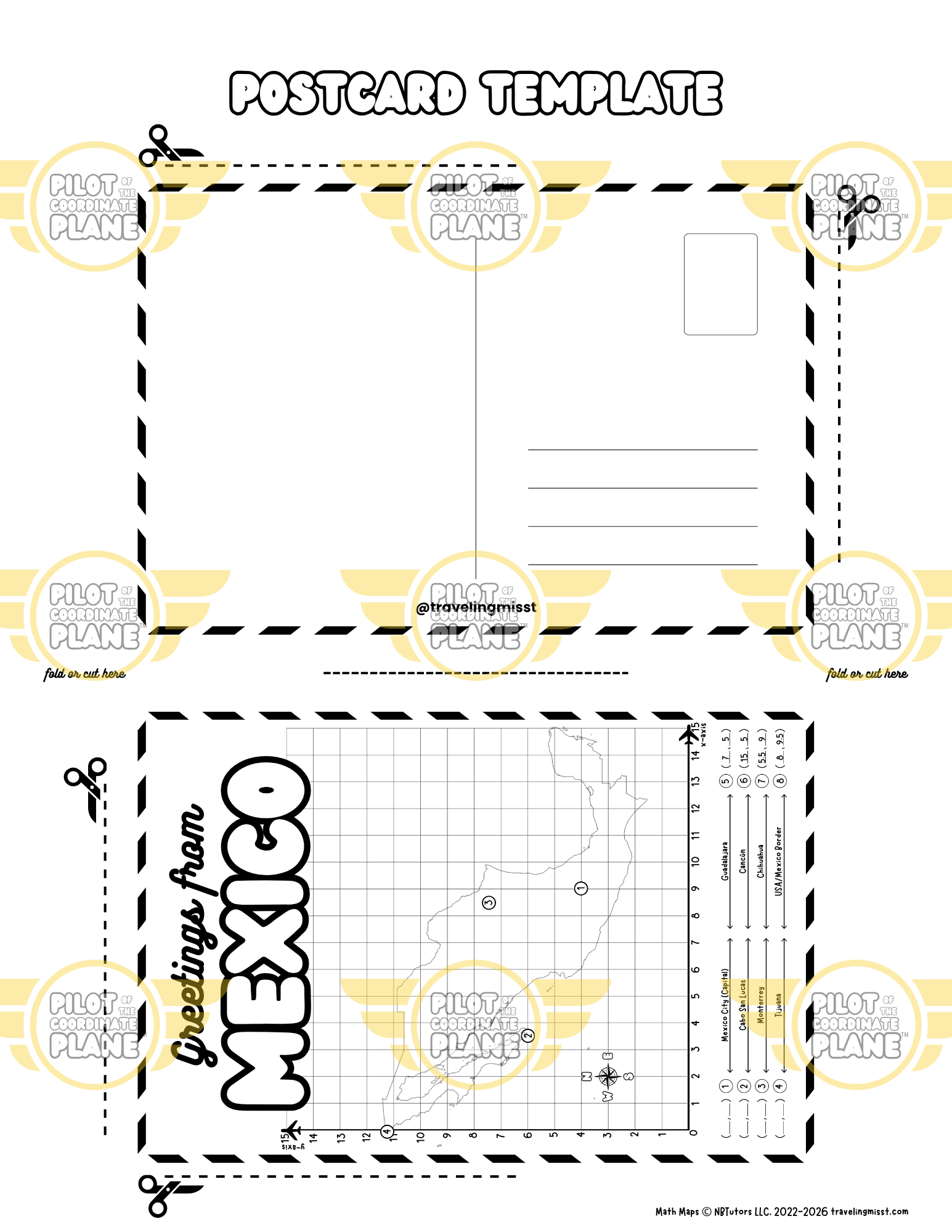 Mexico Postcard Template Math Map by Traveling Miss T. (single quadrant coordinate plane) part of Mexico adventure bundle. 