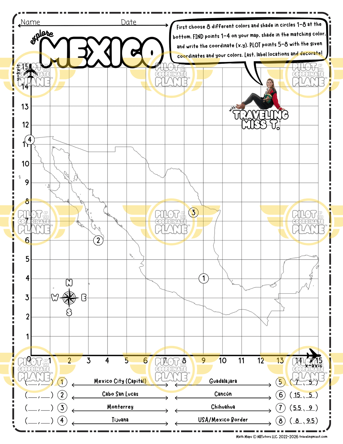 Mexico Single Quadrant Math Map template (printable Coordinate Plane worksheet) by Traveling Miss T.