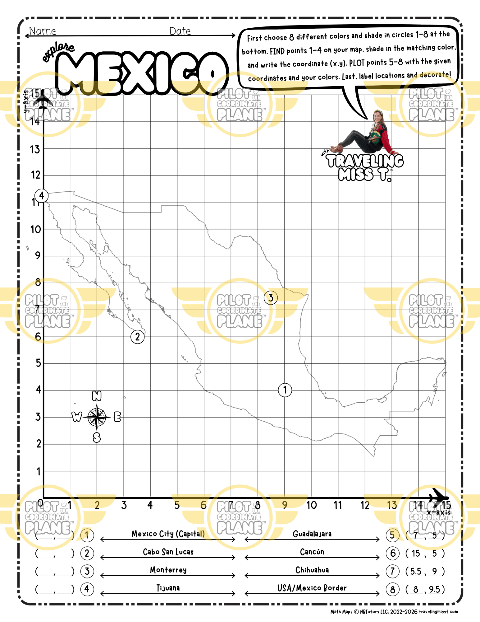 Mexico Single Quadrant Math Map template (printable Coordinate Plane worksheet) by Traveling Miss T.