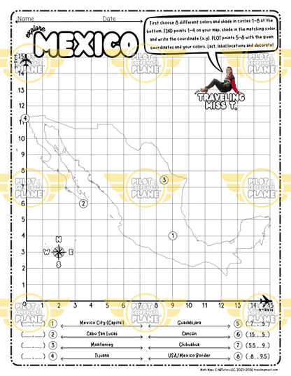 Mexico Single Quadrant Math Map template (printable Coordinate Plane worksheet) by Traveling Miss T.