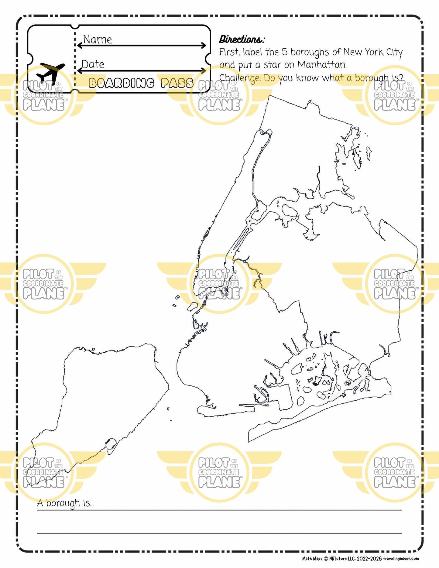 Map of New York City boroughs with coloring and labeling activity by Traveling Miss T
