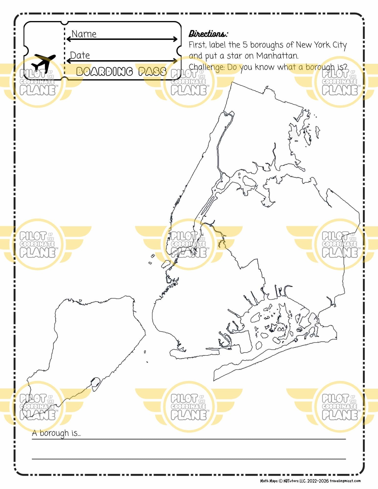Map of New York City boroughs with coloring and labeling activity by Traveling Miss T