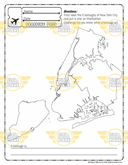 Map of New York City boroughs with coloring and labeling activity by Traveling Miss T