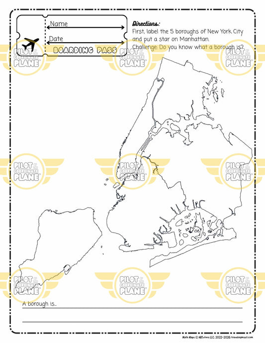 Map of New York City boroughs with coloring and labeling activity by Traveling Miss T
